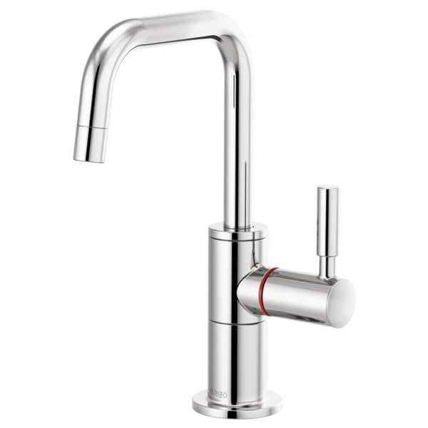Chrome instant hot faucet with tall angled spout, cylindrical body, and side lever handle.