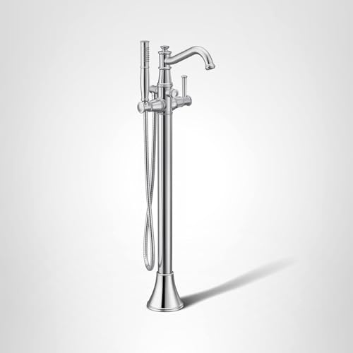 Chrome freestanding floor-mount tub filler with single handle, curved spout, and detachable handshower.