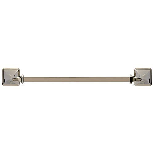 Brushed nickel towel bar with square mounting brackets on each end.