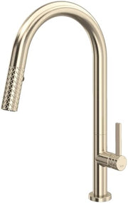 Satin nickel pull-down kitchen faucet with curved C-spout and textured spray head handle.