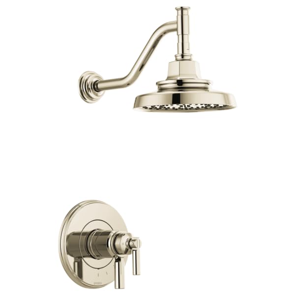 Polished nickel thermostatic shower trim with curved arm, round showerhead, and circular valve trim plate.