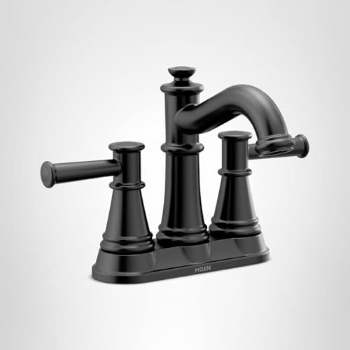 Matte black two-handle bathroom faucet with curved spout and tapered cylindrical handles on shared base.
