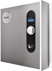 Silver rectangular tankless water heater with Eemax logo, digital display, and rotary temperature control dial on black panel