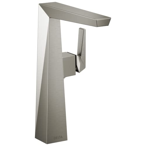 Brushed nickel single-handle vessel faucet with tall tapered base and extended curved spout.