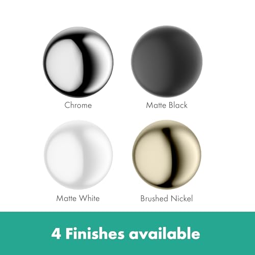 Four faucet finish options shown: chrome, matte black, matte white, and brushed nickel spherical designs.
