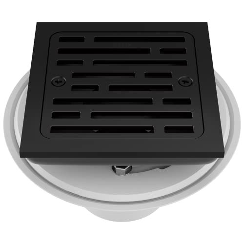 Square matte black shower drain with horizontal slat grate and mounting ring, top view.