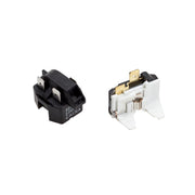 Black and white overload relay components with brass terminals and text marking visible on black unit.
