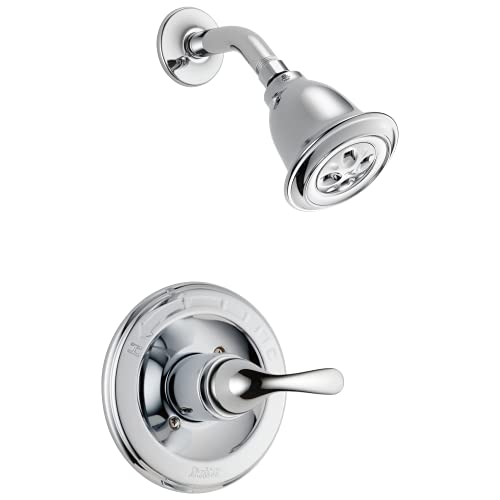 Chrome shower trim with single lever handle, round wall plate, and matching showerhead with spray nozzles.