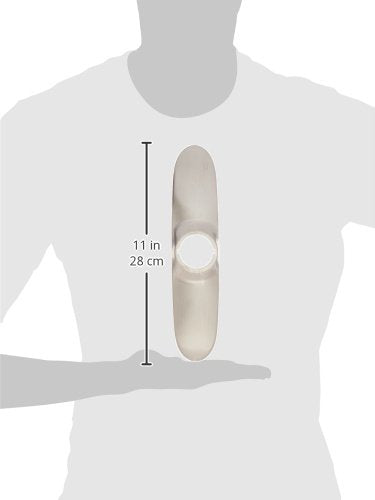 Stainless steel escutcheon with baseplate and nuts, measuring 11 inches in length, displayed against torso for scale.