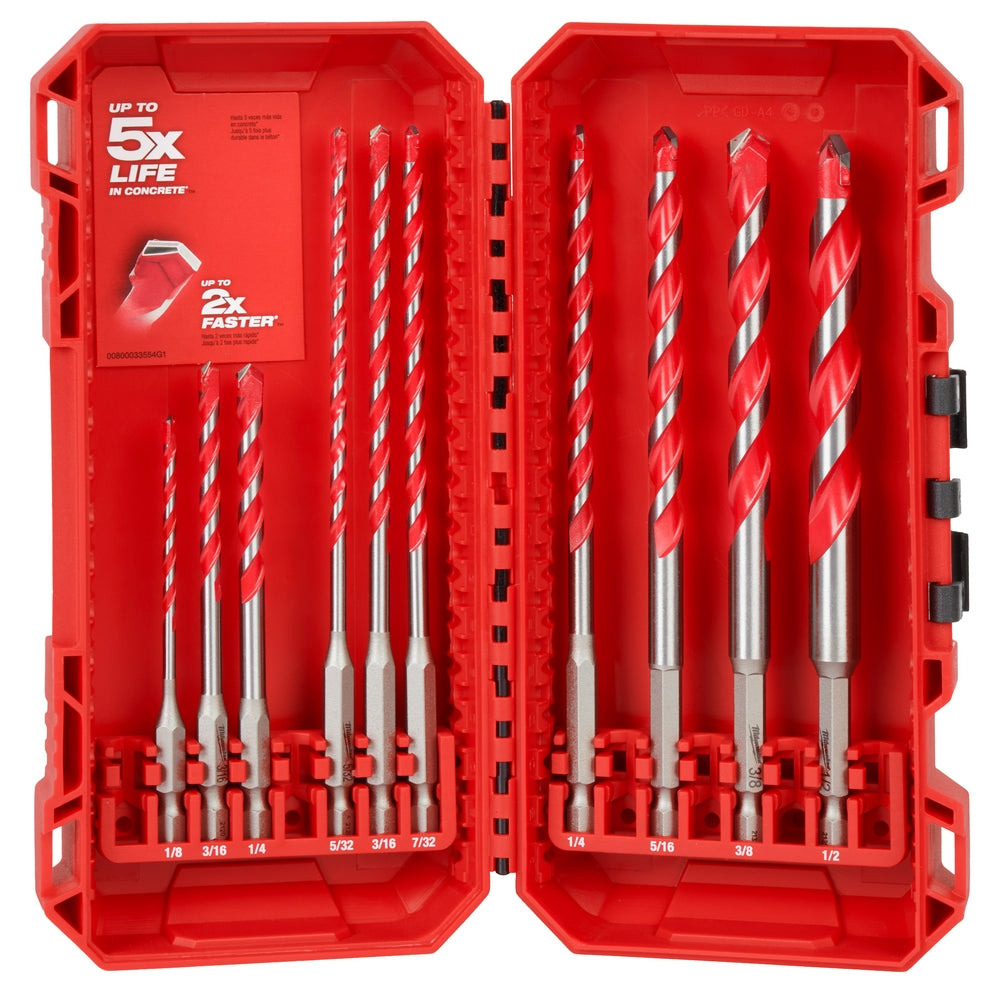 Red plastic case open showing 10 carbide hammer drill bits in various sizes arranged in two rows with size labels.