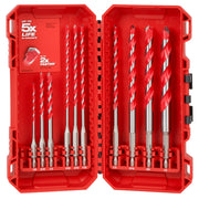 Red plastic case open showing 10 carbide hammer drill bits in various sizes arranged in two rows with size labels.