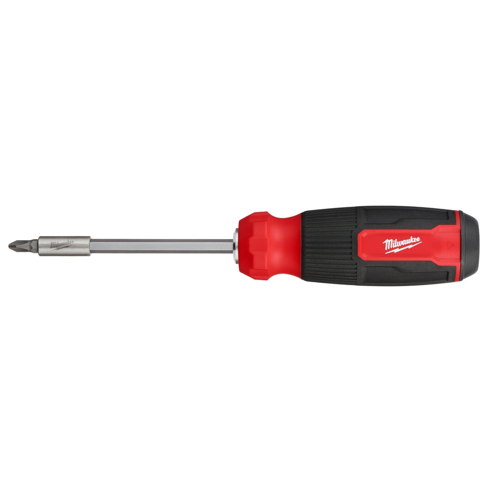 Red and black multi-bit screwdriver with extended shaft and interchangeable bit head.