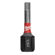 Black hex insert bit with red Milwaukee band and "7/64" marking on hexagonal socket end.
