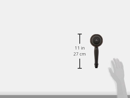 Venetian bronze hand shower with round perforated face and adjustable arm, 11 inches long.