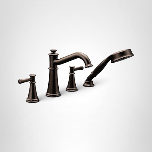 Oil rubbed bronze two-handle Roman tub faucet with curved spout and detached hand shower.