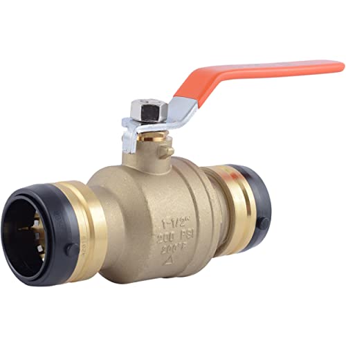 Brass ball valve with push-to-connect ends and red lever handle.