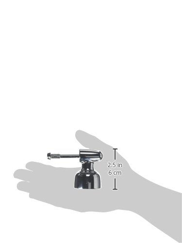 Chrome metal lever handle set with curved lever arm, 2.5 inches tall, displayed in palm of hand.