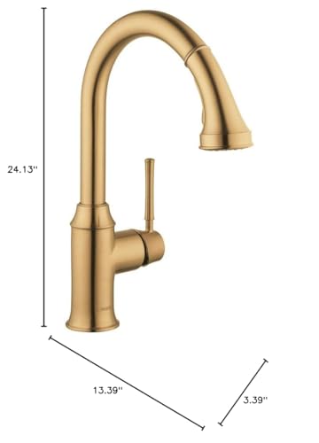Brushed gold kitchen faucet with high curved spout, single lever handle, and pull-down spray head, 24.13 inches tall.