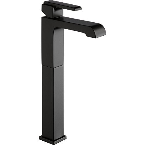 Black single-handle vessel faucet with tall square spout and lever control on white background.