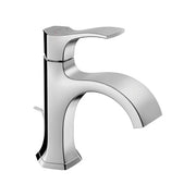 Chrome single-hole bathroom faucet with curved spout and lever handle.