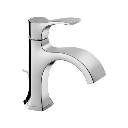 Chrome single-hole bathroom faucet with curved spout and lever handle.
