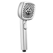 Chrome handheld showerhead with square face, perforated spray pattern, and trigger control on handle.