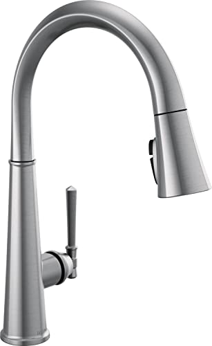 Chrome pull-down kitchen faucet with high arching spout and single lever handle on white background.