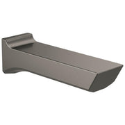 Black stainless steel tub spout with angled wall mount and curved water delivery channel.