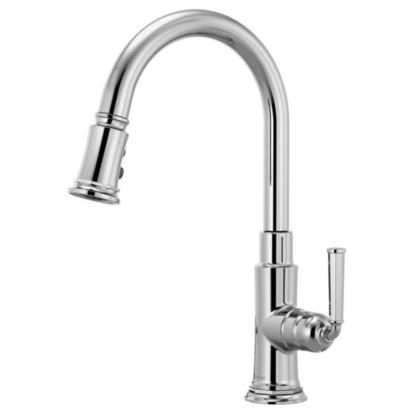 Chrome pull-down kitchen faucet with curved spout and single lever handle in extended position.