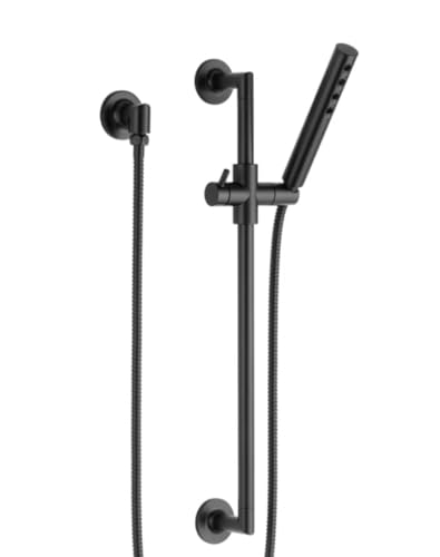 Black matte finish slide bar handshower system with wall-mounted holders and adjustable vertical rail.