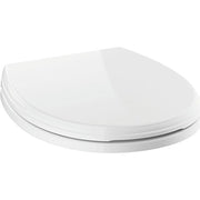 White round toilet seat with closed front and hinges visible on sides.