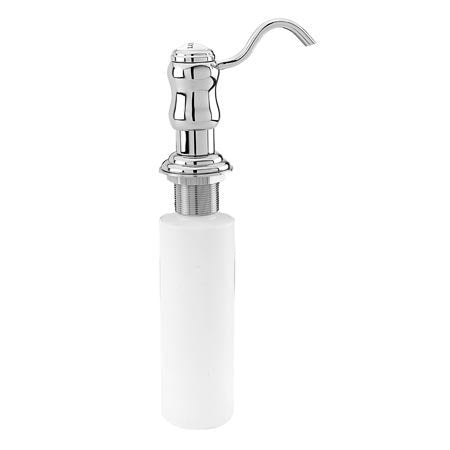 Polished brass soap dispenser with curved spout and white ceramic reservoir.