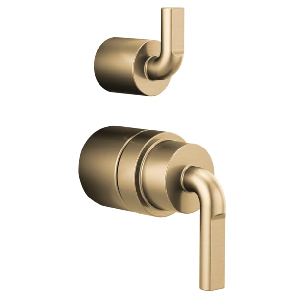 Champagne bronze pressure balance valve trim with notch lever handles and curved spout in two components.