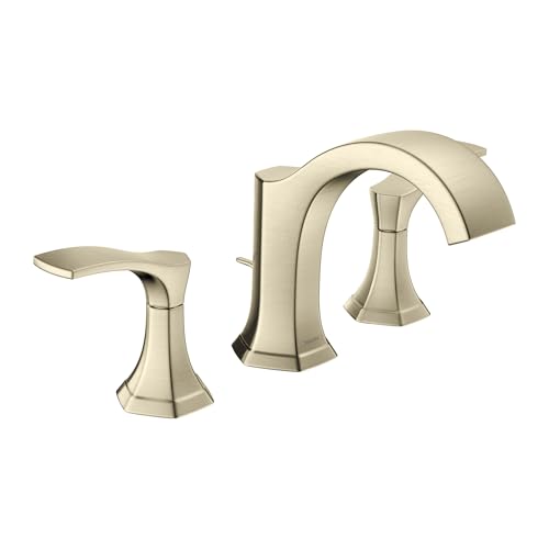 Brushed nickel three-piece widespread bathroom faucet with curved spout and lever handles.