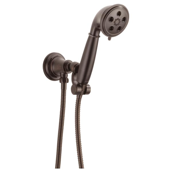 Oil-rubbed bronze wall mount handshower with multiple spray jets and flexible hose attachment.