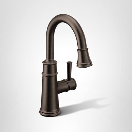 Oil-rubbed bronze single-handle pulldown bar faucet with curved spout and side lever control.