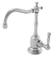 Polished chrome kitchen faucet with curved spout, single lever handle, and pedestal base.