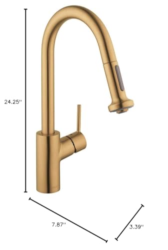 Brushed gold kitchen faucet with high curved spout, pull-down spray head, and single lever handle, 24.25 inches tall.