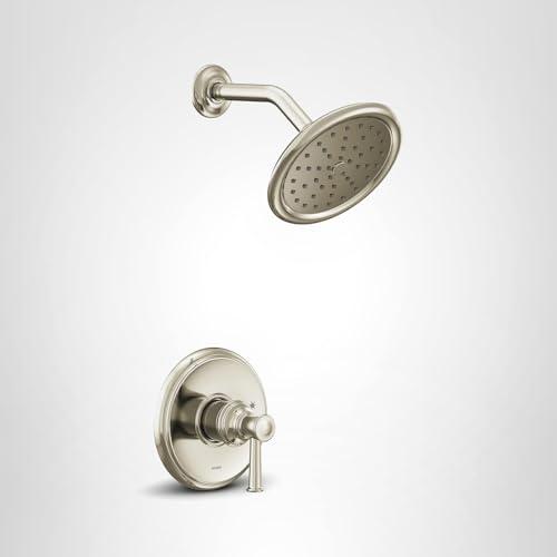 Polished nickel shower trim kit with single handle valve and overhead rainfall showerhead.