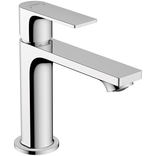 Chrome single-hole bathroom faucet with cylindrical body and extended rectangular spout.