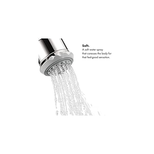 Matte black and chrome Hansgrohe Clubmaster shower head spraying water in a soft spray pattern from above.