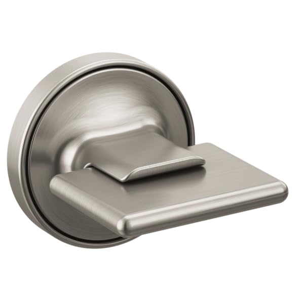 Brushed nickel wall-mounted tub filler handle with lever design and round escutcheon plate.