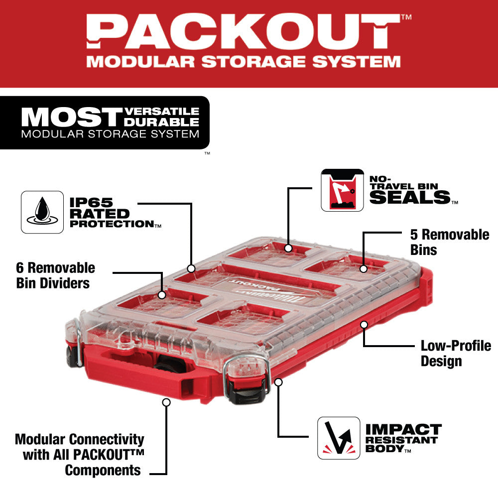Red and clear compact organizer with 5 removable bins, 6 bin dividers, and modular connectivity features.