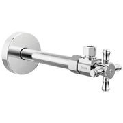 Chrome angled supply stop valve with circular wall plate and cross handle for shut-off control.