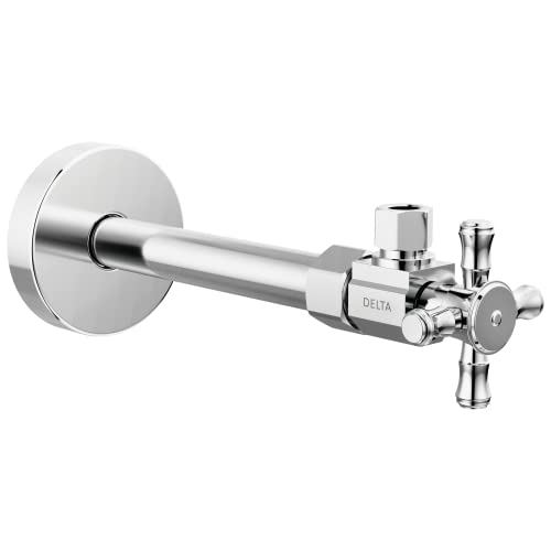 Chrome angled supply stop valve with circular wall plate and cross handle for shut-off control.