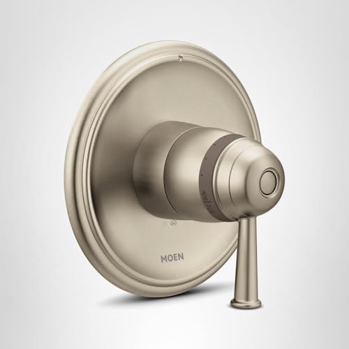Brushed nickel thermostatic shower valve trim with oval escutcheon and single lever handle.