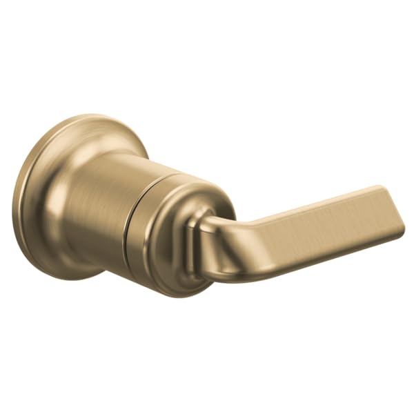 Brushed gold wall-mount faucet handle with lever control and cylindrical body against white background.