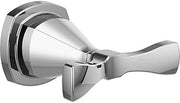 Chrome double robe hook with curved handles mounted on circular wall plate.
