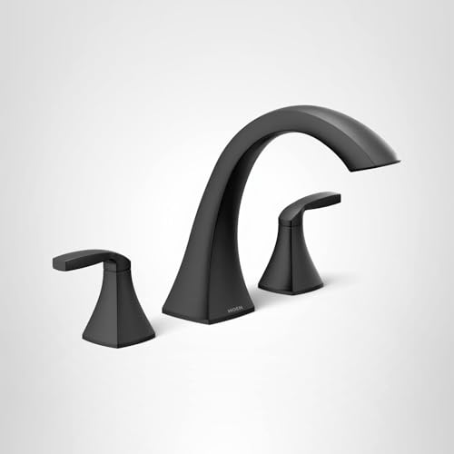 Matte black two-handle roman tub faucet trim with curved center spout and squared side handles.
