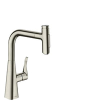 Steel Optic pull-out kitchen faucet with high curved spout and single lever handle.